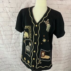 vtg arriviste safari animal print embroidered Cardigan sweater Patchwork women L